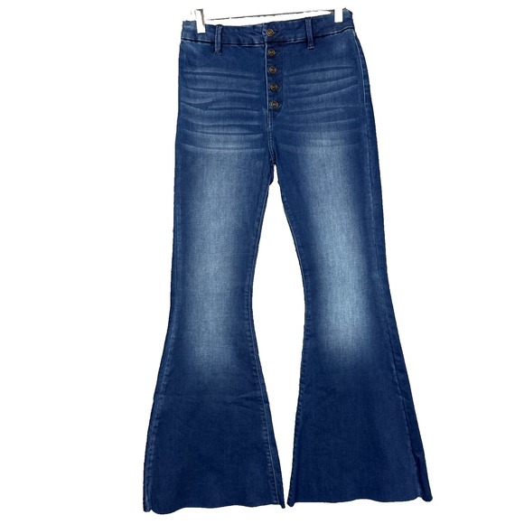 Kancan‎ Jeans Womens 9 28 Blue Flare Raw Hem Bell Bottoms High Rise Boho Disco - Picture 1 of 15